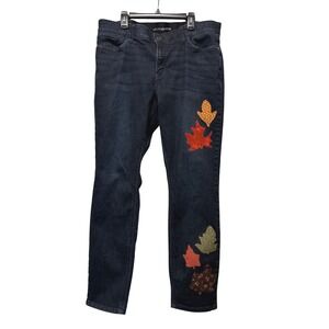 Custom Womens Boho 12 Classic Jeans Dark Wash Fall Leaf Applique Straight Leg